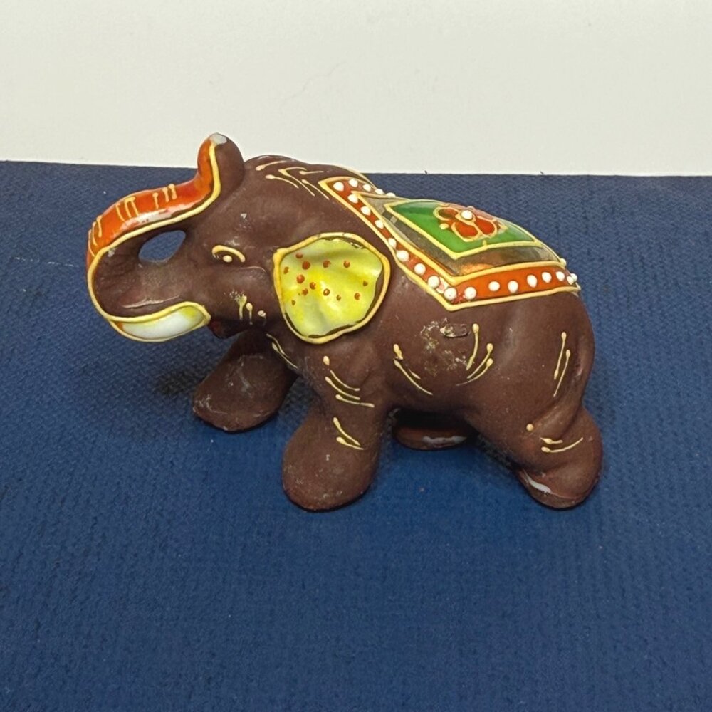 Vintage Japan Porcelain Elephant Figurine Hand-Painted Trunk Up Miniature
